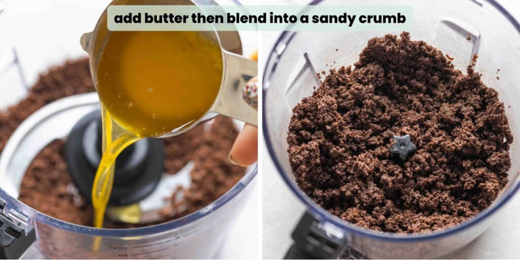 Melted butter pouring into a food processor full of gluten free oreo cookie crumbs then blended together: "add butter then blend into a sandy crumb"