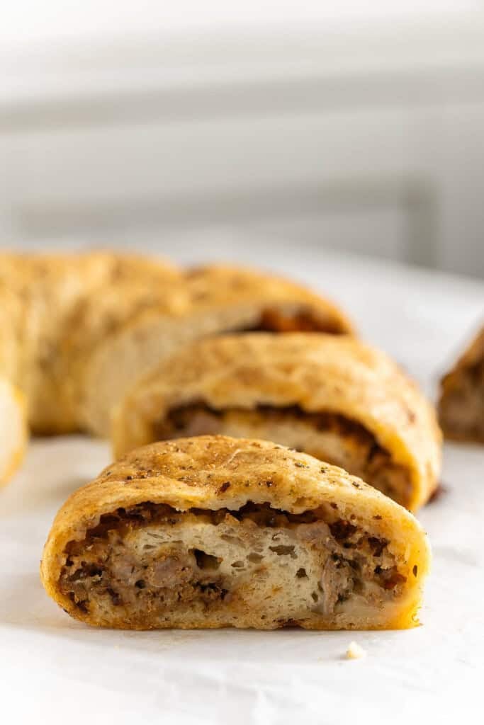 Gluten free sausage bread cut into slices