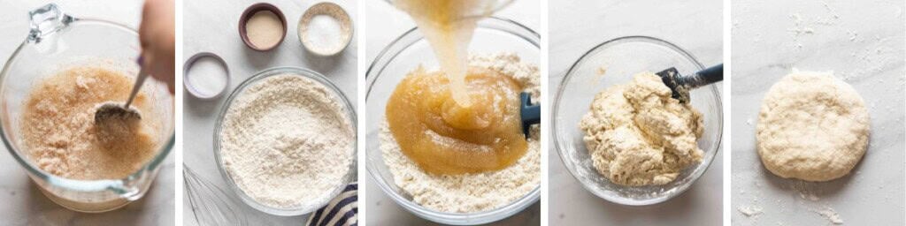 Collage of steps for making gluten free sausage bread dough.