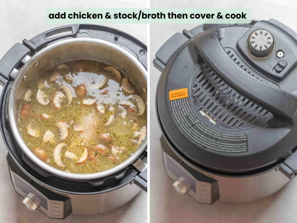 Instant pot chicken & wild rice soup collage of an instant pot with the lid off and the ingredients inside and with the lid secured on: "add chicken & stock/broth then cover and cook"