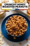 pinterest marketing image for Crunchy Honey Roasted Peanuts from A Saucy Kitchen: a bowl full of peanuts coated in a crunchy honey glaze