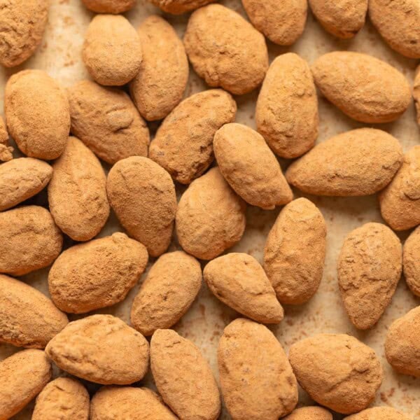 Chocolate covered almonds dusted with cocoa powder