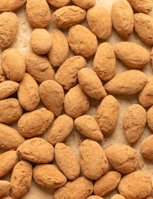 Chocolate covered almonds dusted with cocoa powder