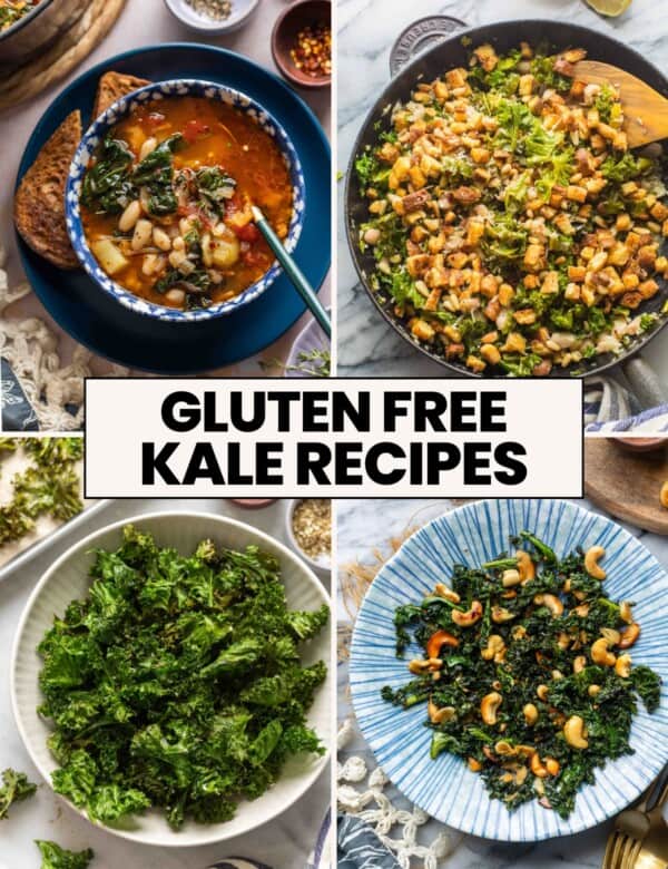 Gluten Free Kale Recipes Thumbnail image | Collage of four kale recipes include a tomato bean soup, sauté kale & white beans, kale chips and a cashew kale side dish.