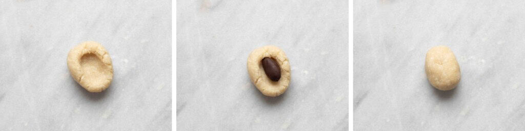 Collage showing how to add a chocolate covered almond to almond joy snack bites: roll dough into a ball and make a thumbprint, add almond to print then cover with dough