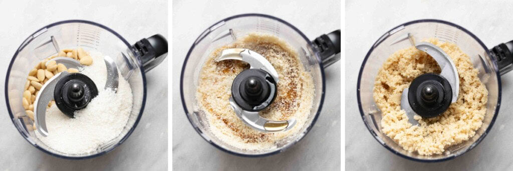 Collage showing the three stages of mixing together the filling for homemade healthy almond joy snack bites