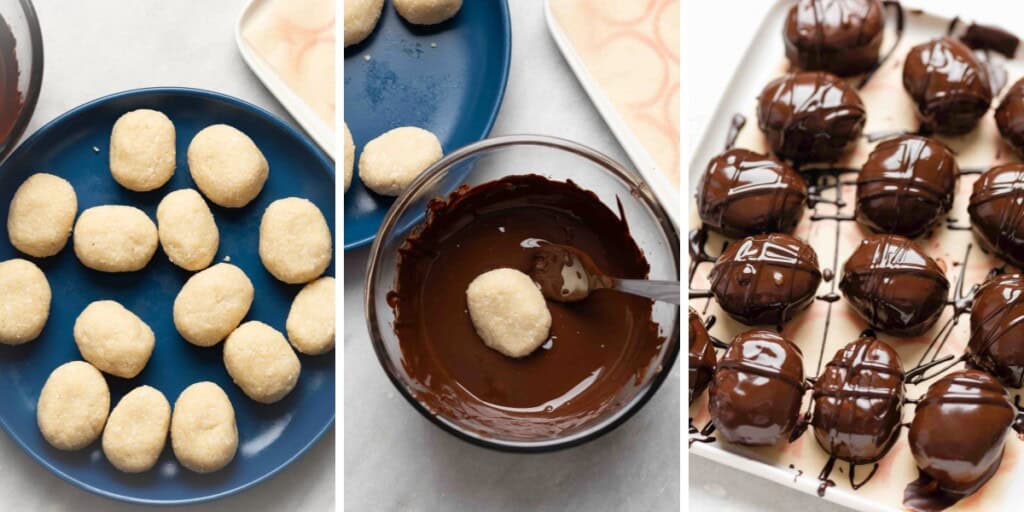 Collage of three images: almond snack bites on a plate, dipped in a bowl of melted chocolate and drying on a side plate