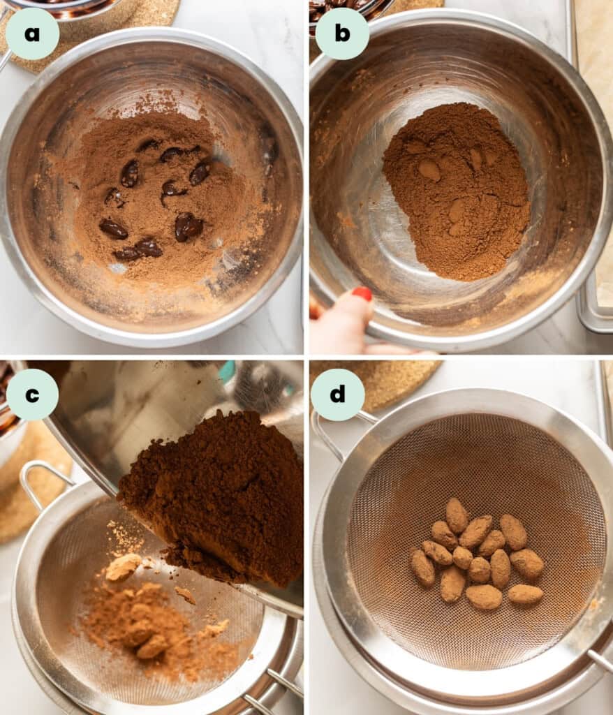 Collage of four images demonstrating the different stages of coating chocolate covered almonds in cocoa powder: a. add a few chocolate almonds in a big bowl of cocoa, b. shake the bowl to coat the almonds, c. tip the contents of the bowl into a fine mesh sieve places over another bowl; d. shake off excess cocoa into the new bowl