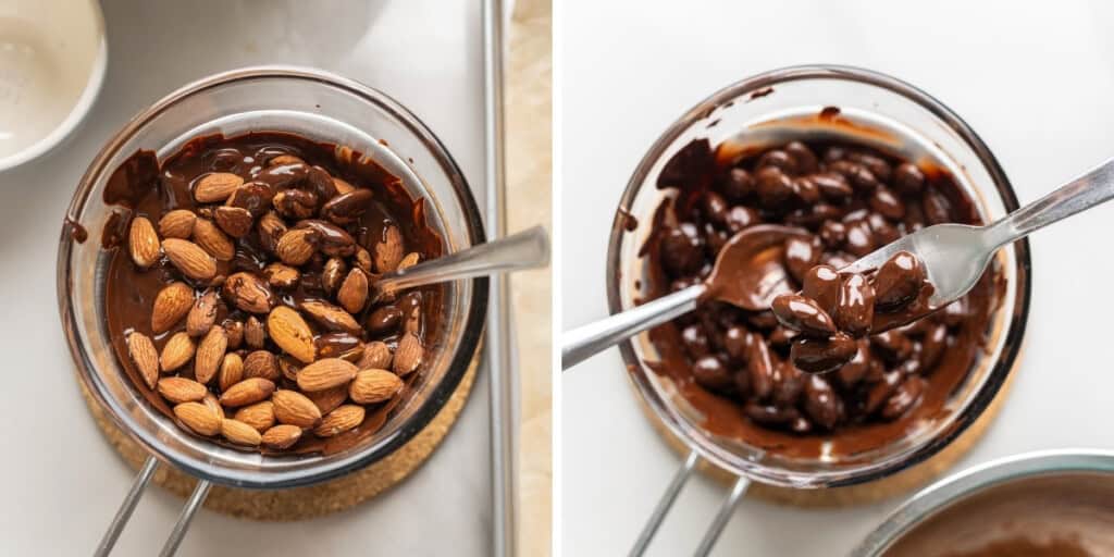 Two images of a bowl of melted chocolate with almonds insides; almonds mixing into the chocolate & a few almonds picked up with a fork over the bowl
