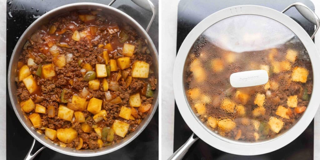 Two images of a skillet full of chorizo spiced Ground Beef & Potatoes without a lid and with a lid