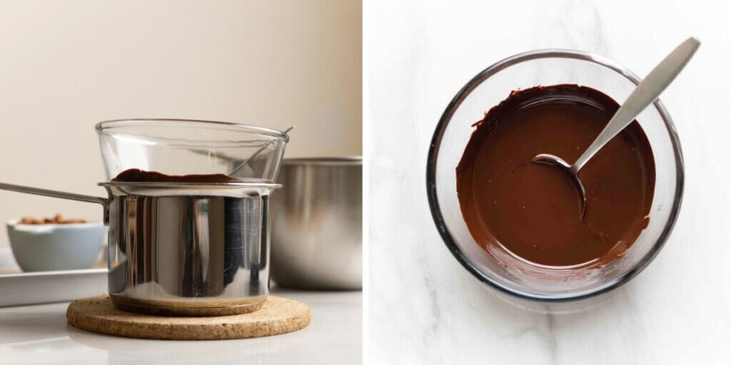 Two images; left image shows a diy double boiler with a bowl of melted chocolate over a pot of hot water on a coasted; right shows a bowl of fully melted chocolate