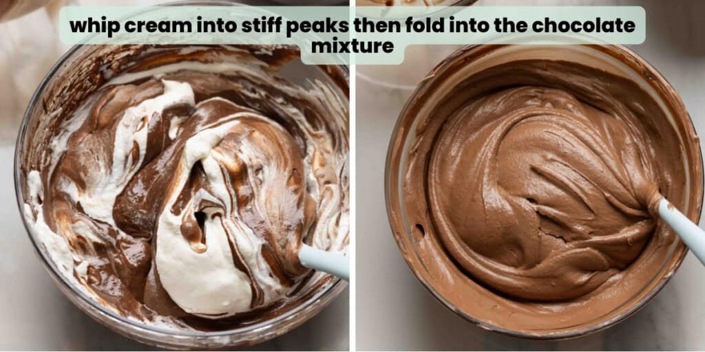 Collage showing how to fold whipped cream into the chocolate mixture to make a french silk pie filling. Text reads: "whip cream into stiff peaks then fold into the chocolate mixture".