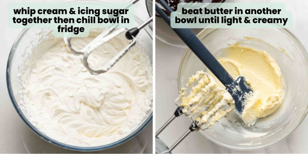 Left image is bowl of freshly whipped cream: "Whip cream & icing sugar together then chill bowl in fridge". Right image is mixing bowl with beaten butter. "Beat butter in another bowl until light & creamy."