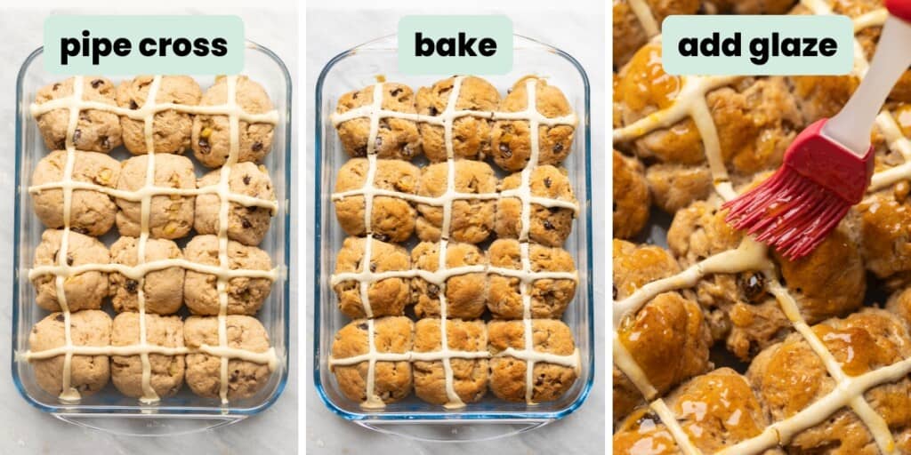 Three images of gluten free hot cross buns: just after the flour crosses have been piped on to the unbaked rolls, just after baking, as a pastry brush is brushing on an apricot glaze
