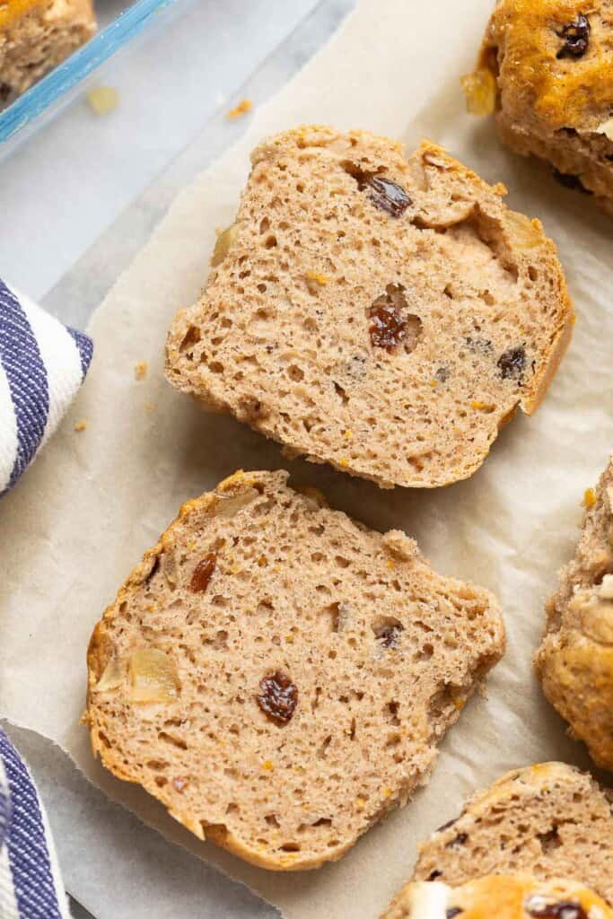 Gluten free hot cross bun cut in half
