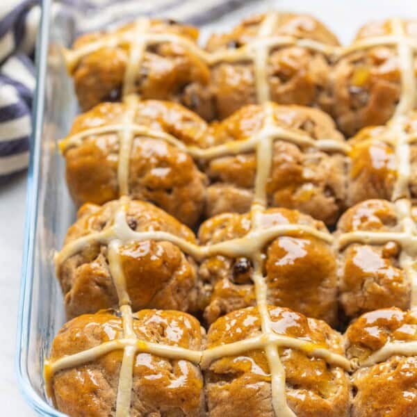 Gluten Free Hot Cross Buns in a glass baking dish