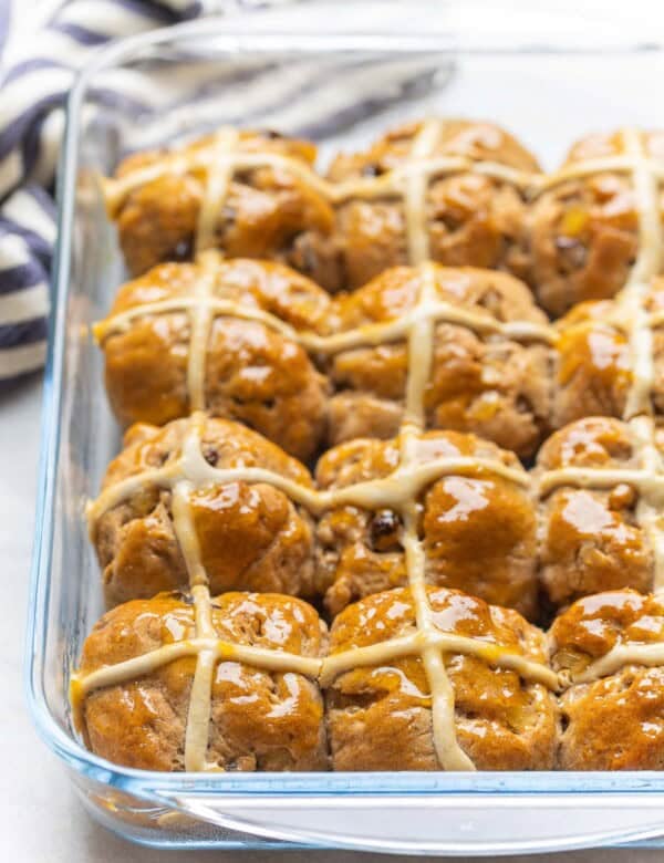Gluten Free Hot Cross Buns in a glass baking dish