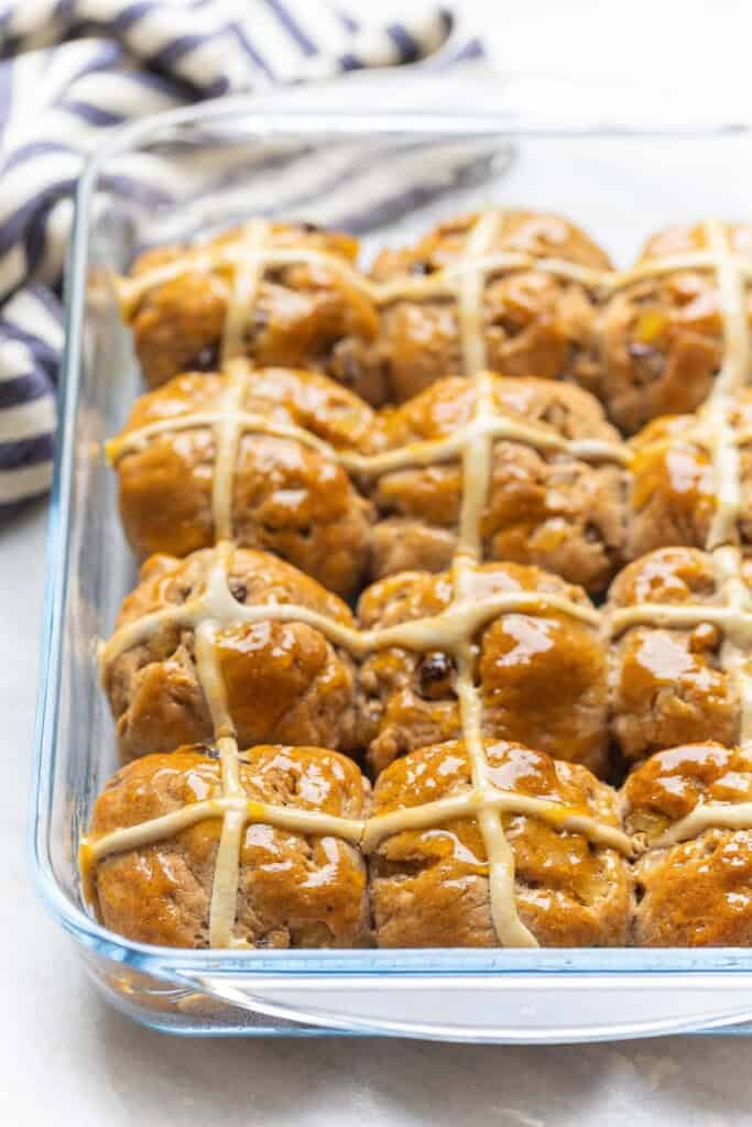 Gluten Free Hot Cross Buns in a glass baking dish
