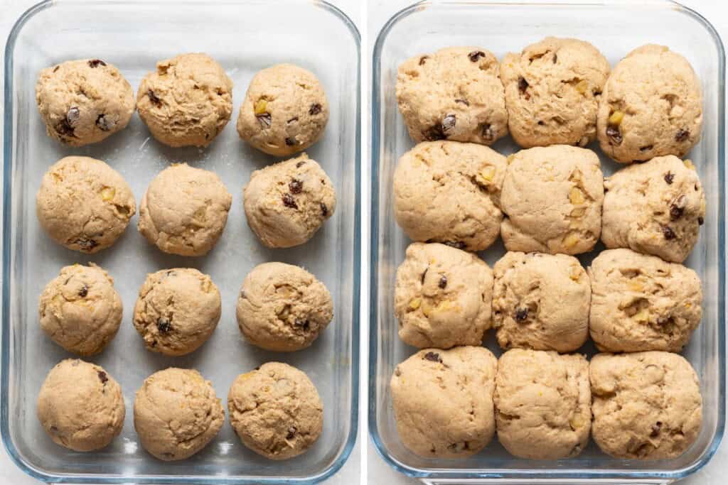12 Gluten free hot cross bun dough rolls arranged in a greased baking dish before rising and after rising.