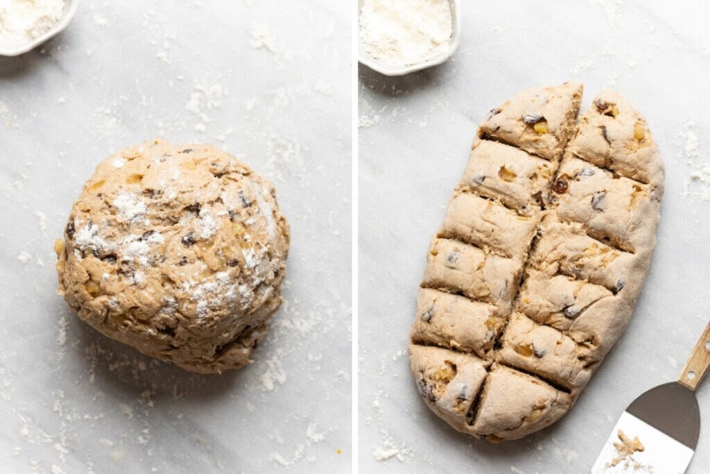 Gluten free hot cross bun dough sprinkled with a little flour on a work surface then shaped into a log and cut into 12 roughly even sized pieces.