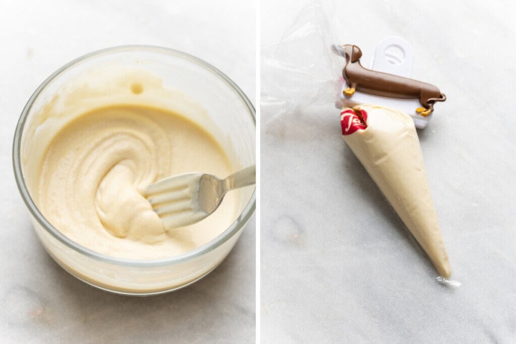 A small bowl of tea and flour mixed together to form a paste for hot cross buns and the paste mixture transferred to a piping bag.