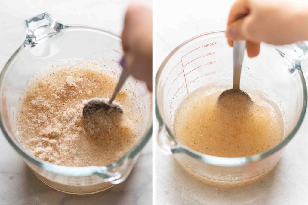 Left image: Psyllium husk stirring into to a measuring jug with water. Right image: the psyllium fully mixed into the water to create a smooth, thick gel.
