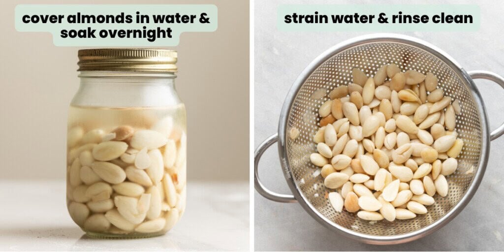Left image: A jar of raw almonds covered in water "cover almonds in water & soak overnight". Right image: A colander full of raw almonds; "strain water & rinse clean".
