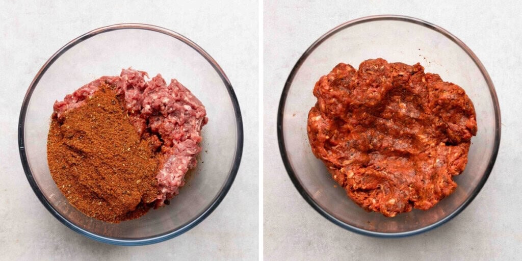 Two images of beef mince in a mixing bowl. Left image shows beef mince with chorizo spices on top; right images shows the spice blend mixed into the beef.
