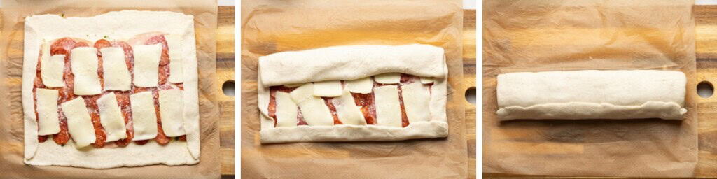 Stromboli rolling collage: fold the edges in then roll the dough starting at the top long end down until it turns into a log.