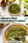 Cilantro lime chimichurri pinterest marketing image from www.asaucykitchen.com "gluten free + vegan + paleo" | Homemade cilantro chimichurri in a small bowl with fresh cilantro and a small bowl of chili flakes on the side.
