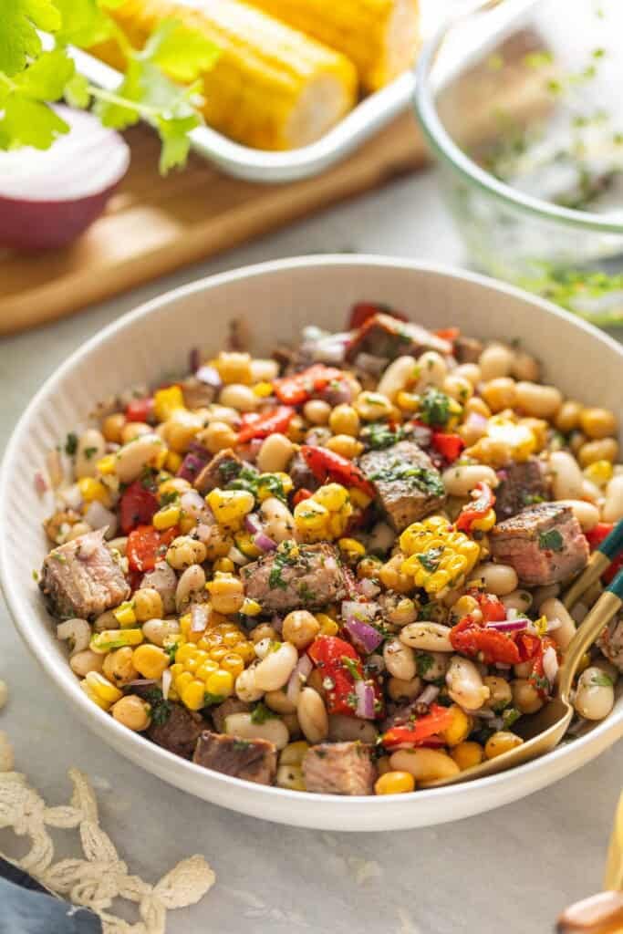 Chimichurri Dense Bean Steak Salad in a big salad bowl