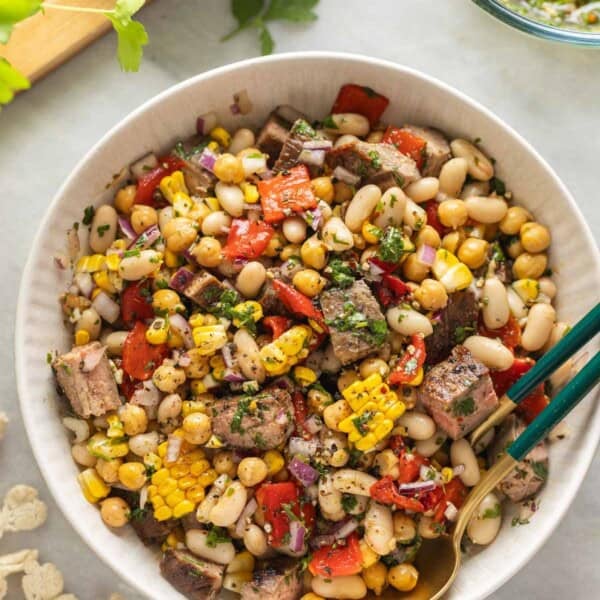 Chimichurri Dense Bean Steak Salad in a big salad bowl