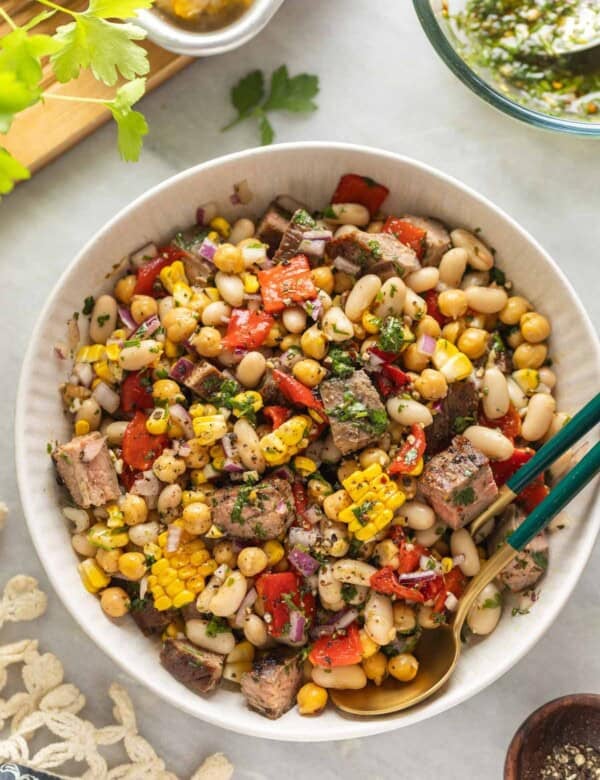 Chimichurri Dense Bean Steak Salad in a big salad bowl