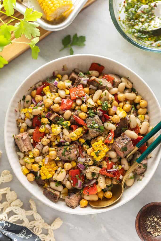 Chimichurri Dense Bean Steak Salad in a big salad bowl