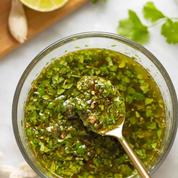 A spoon over a bowl of cilantro chimichurri with a spoonful of sauce.