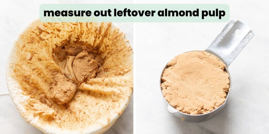 Two images of almond pulp: still in a nut milk bag after making almond milk and packed into a 1/2 cup measuring cup "measure out leftover almond pulp"
