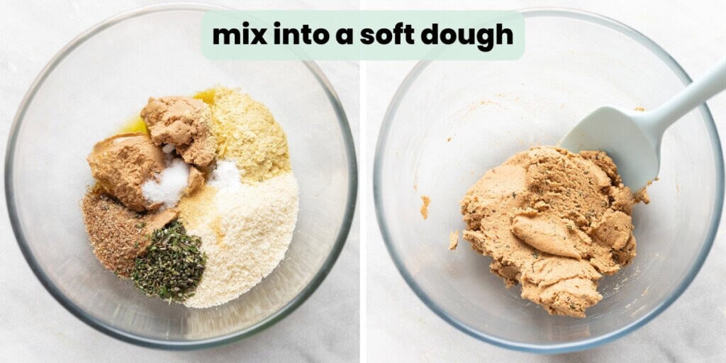 Two images of a mixing bowl full of almond pulp cracker ingredients before and after mixing: "mix into a soft dough"
