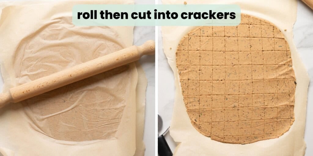 Almond pulp cracker dough rolled out between two pieces of baking paper then cut into crackers: "roll then cut into crackers"