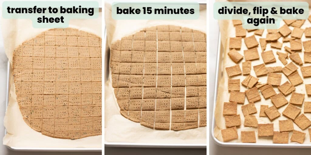 Almond pulp crackers baking collage: 3 images showing the basic baking steps - transfer crackers to baking sheet, bake 15 minutes, divide up the crackers & flip before baking again