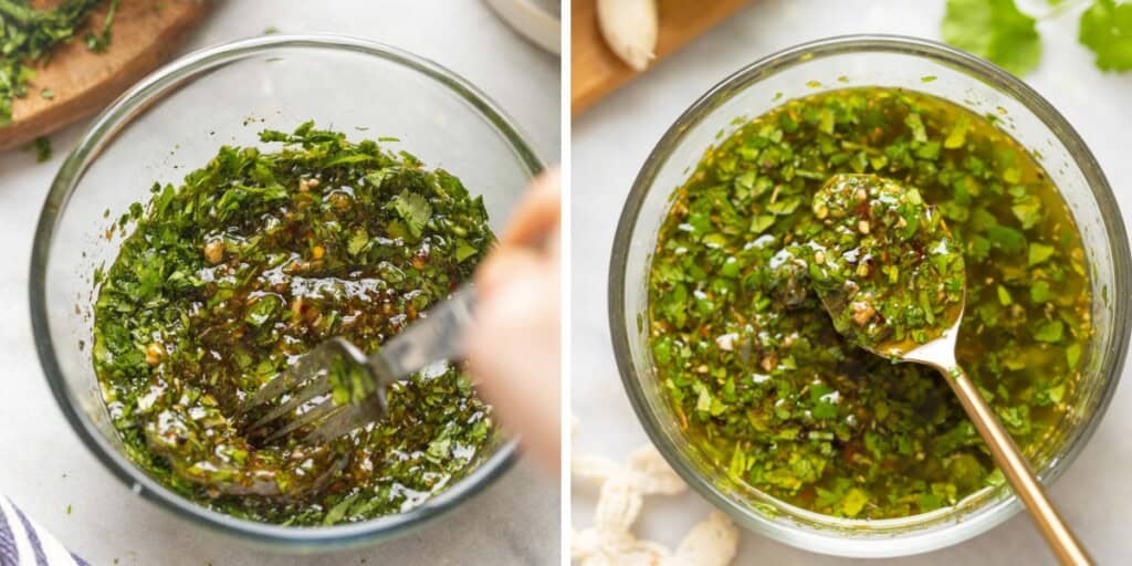 Collage of two images of chimichurri stirring together in a bowl with a fork and a spoonful of sauce held over a bowl of chimichurri.