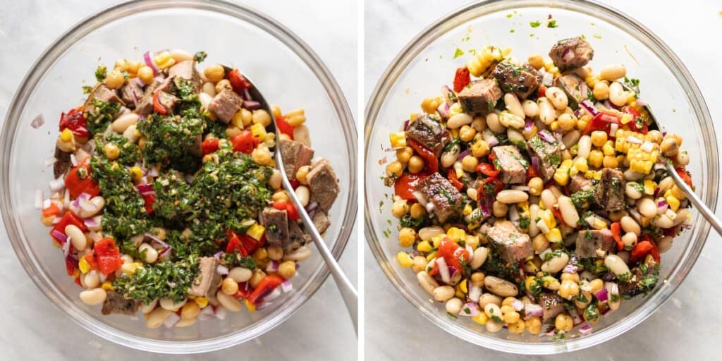 Two images of chimichurri dense bean salad before and after mixing the chimichurri into the salad.