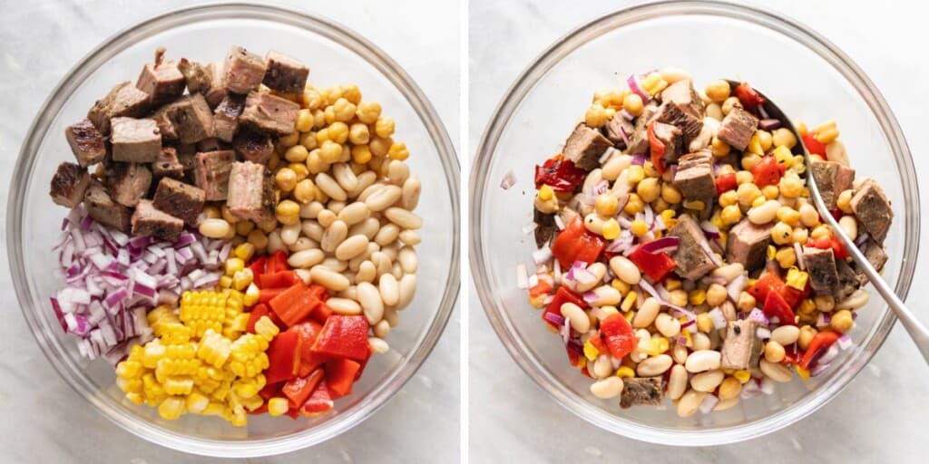 Two pictures of chimichurri steak salad ingredients: steak, beans, chickpeas, onion, corn and pepper - before and after mixing together