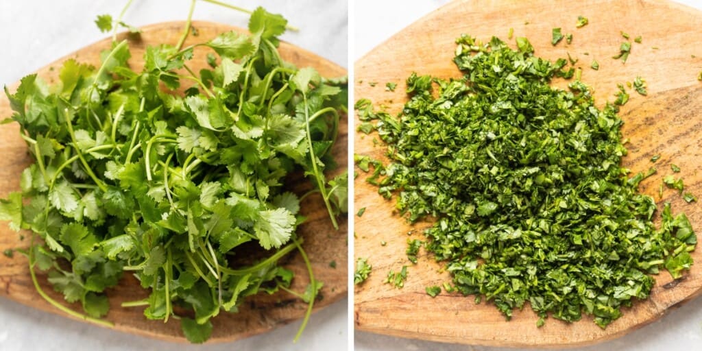 Two images of fresh cilantro (leaves & stems) whole and finely chopped.
