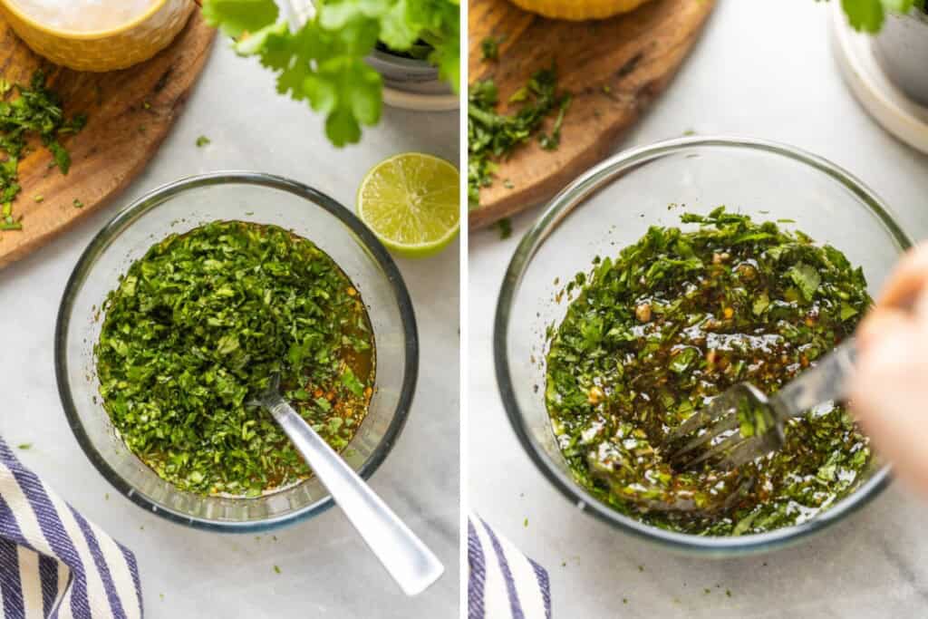 A small mixing bowl full of cilantro chimichurri ingredients unmixed and mixed together
