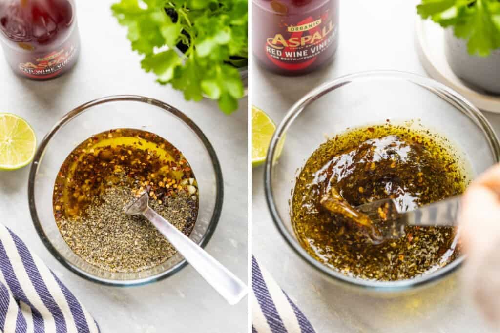 A small mixing bowl full of olive oil, dried oregano, chili flakes, cumin, salt, pepper, lime juice and red wine vinegar - unmixed and mixed together