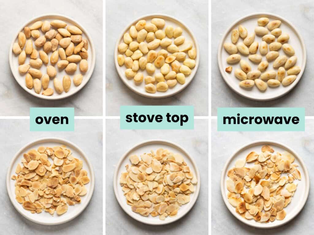 Collage of 6 images comparing the difference between whole and sliced oven roasted almonds, whole and sliced stove top toasted almonds and whole and sliced microwave toasted almonds