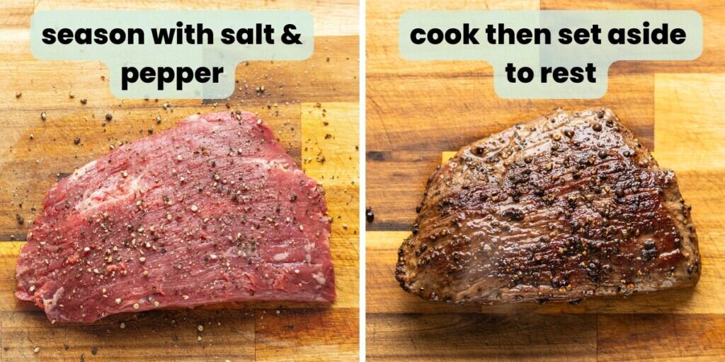 A raw cut of steak on a cutting board "season with salt & pepper and a cooked steak on a cutting board "cook then set aside to rest".