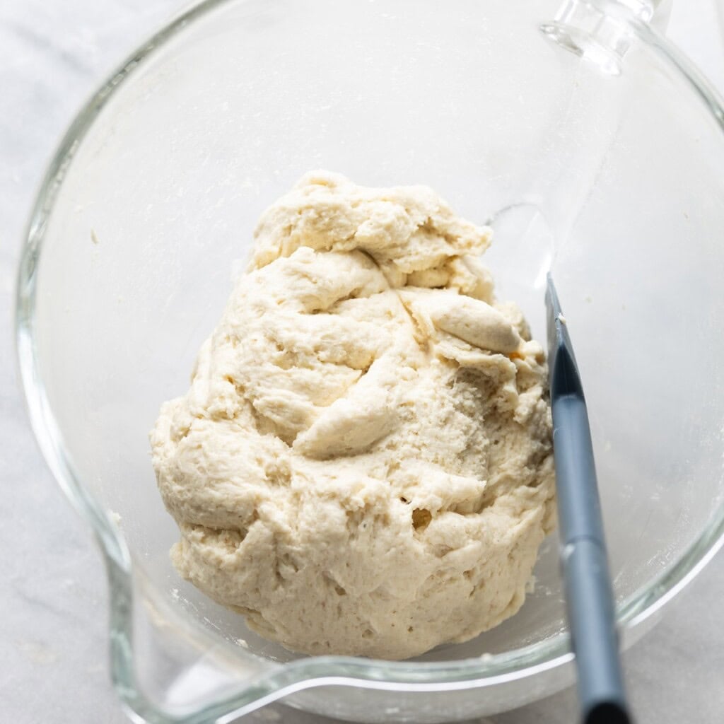 gluten free naan dough mixture together in a the bowl of a kitchen aid stand & formed into a thick dough