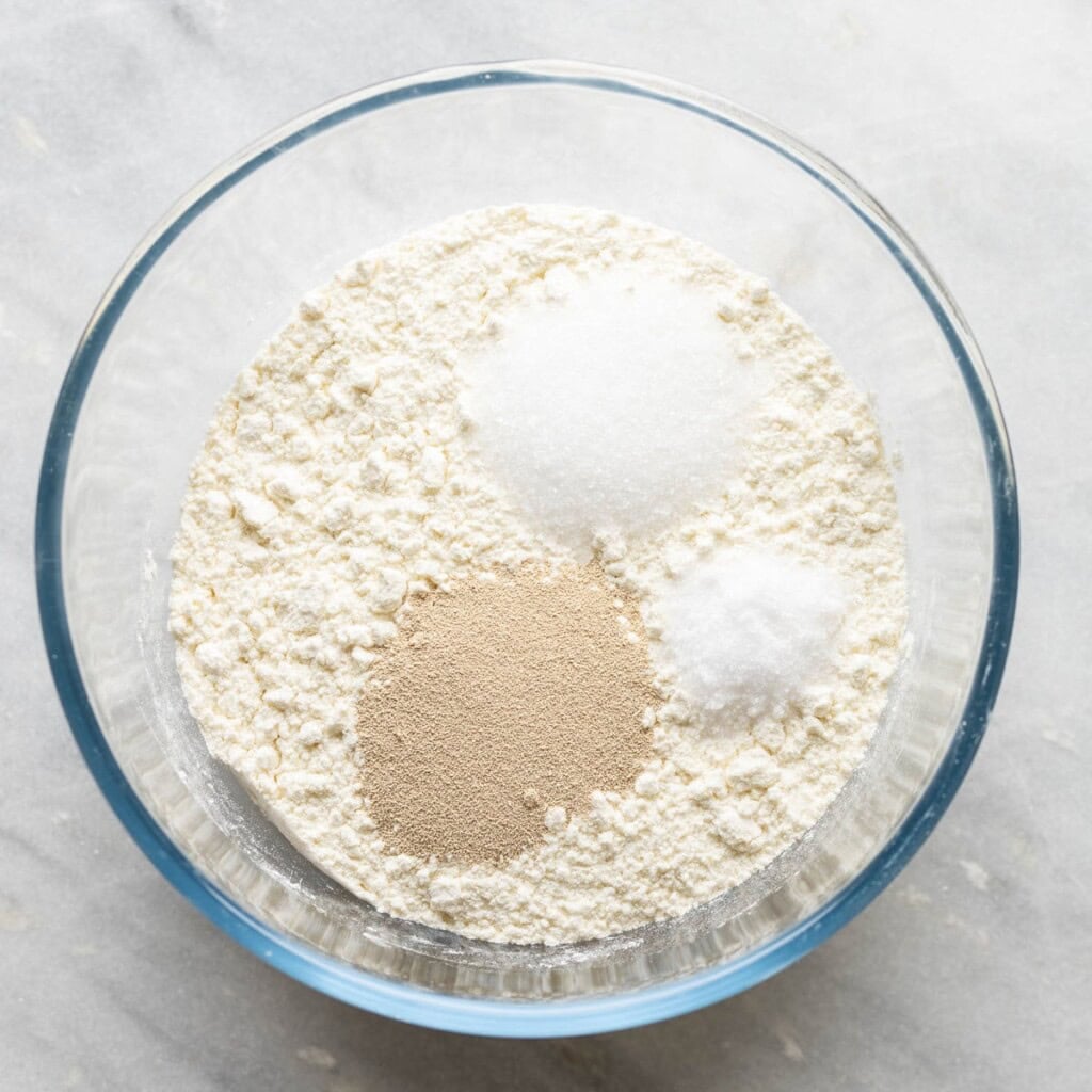 A mixing bowl full of gluten free all purpose flour, instant yeast, sugar and salt