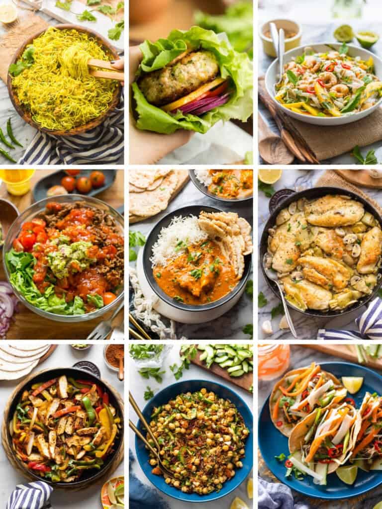A collage of 9 different gluten free and dairy free dinner recipes